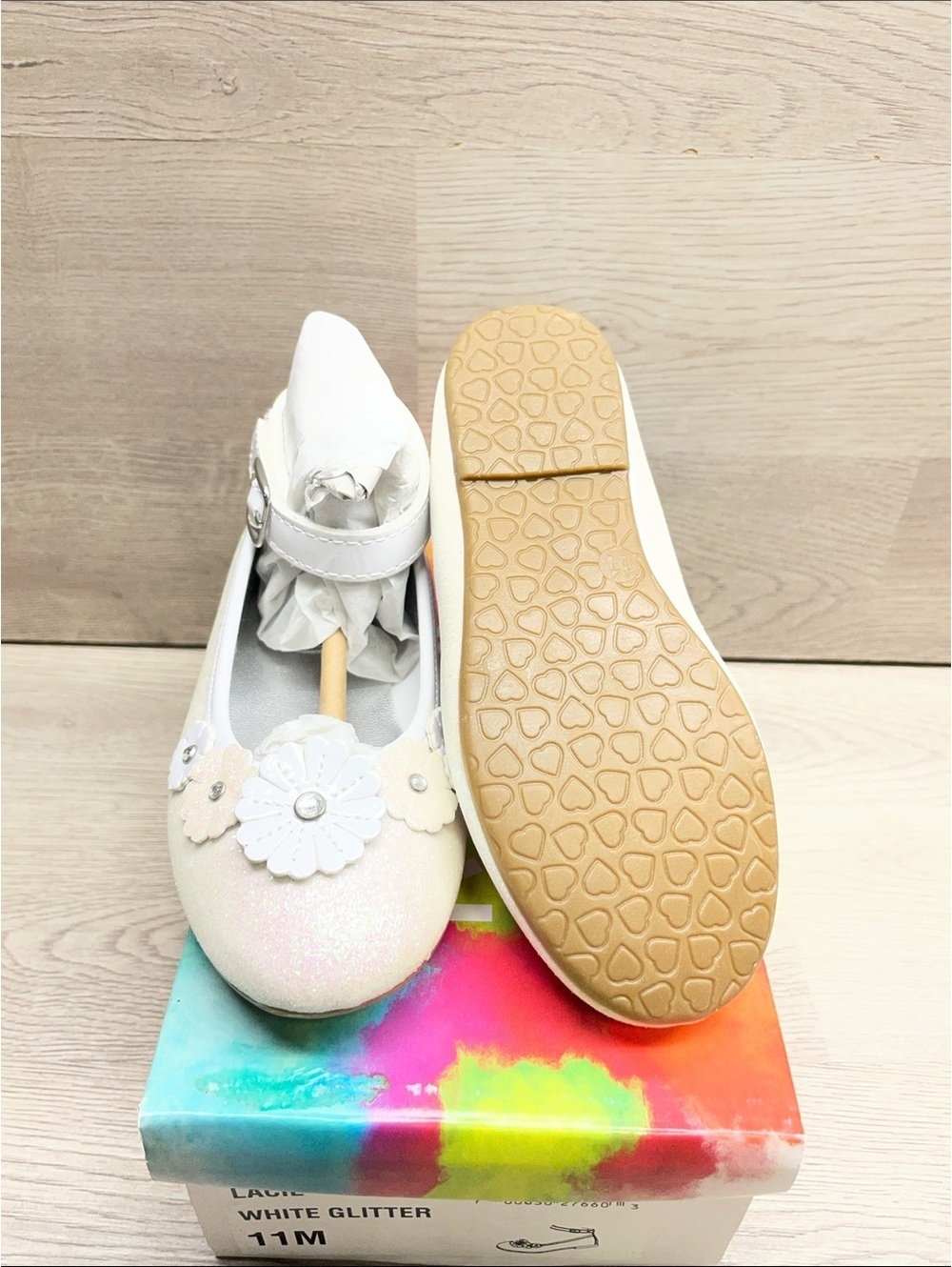 Rachel Shoes White Glitter Mary Jane with Floral Accent #223
